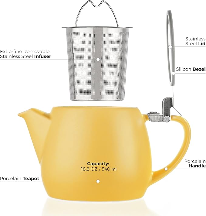 Tealyra - Pluto Porcelain Small Teapot Yellow - 18.2-ounce (1-2 cups) - Matte Finish - Stainless Steel Lid and Extra-Fine Infuser To Brew Loose Leaf Tea - 540ml