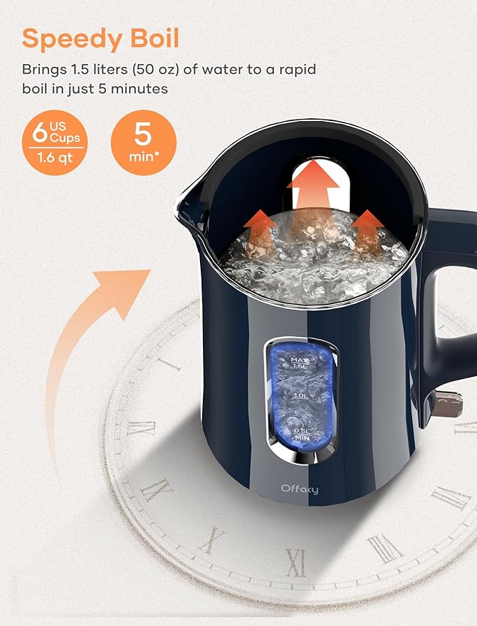 Offacy Electric Kettle, Tea Kettle Pot, Double Wall Glass Inner 1.5L/1200W, Hot Water Kettle Teapot Boiler & Heater with Automatic Shut Off, BPA-Free & LED Indicator Lights (Navy Blue)