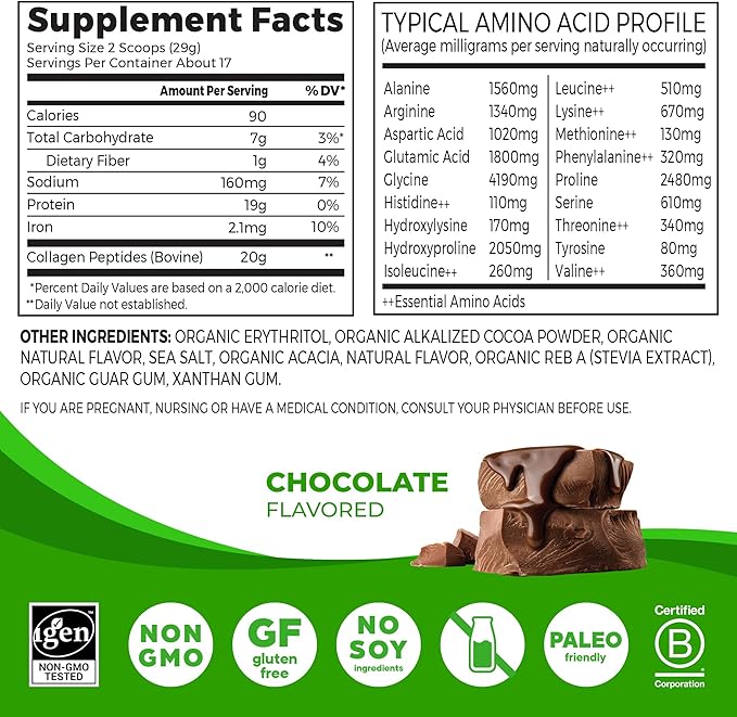 Orgain Hydrolyzed Collagen Peptides Powder For Women & Men, Chocolate, 20g Grass Fed Collagen - Hair, Skin, Nail, & Joint Support Supplement, Paleo & Keto, Non-GMO, Type I and III, 1lb