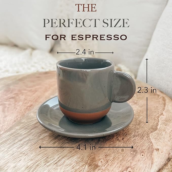 Mora Ceramic Mini Espresso Cups Set of 4, 3oz - Tiny Italian Inspired Mugs With Saucers For Small Shots of Coffee - Modern Boho Style For Any Kitchen or Cafe. Microwave Safe Porcelain - Asstd Neutrals