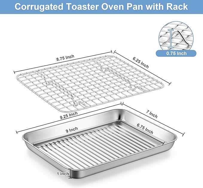 TeamFar Toaster Oven Pan with Cooling Rack, Stainless Steel Mini Baking Tray for Compact Toaster Oven, 9 Inch, Corrugated Bottom & Grid Mesh, Healthy & Heavy-Duty, 1 Pan + 1 Rack