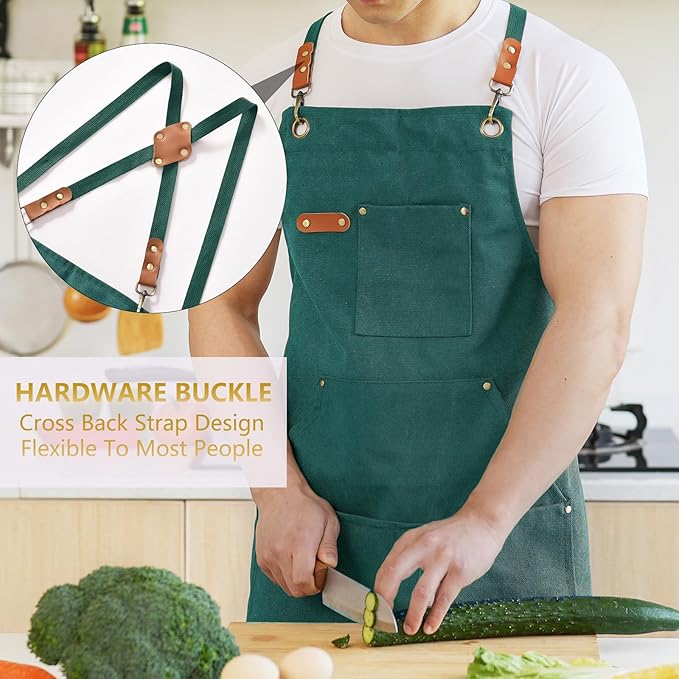 Canvas Aprons for Men Chef Apron, Work Apron with Large Pockets - 16oz Heavy Duty Cross Back, BBQ, Cooking