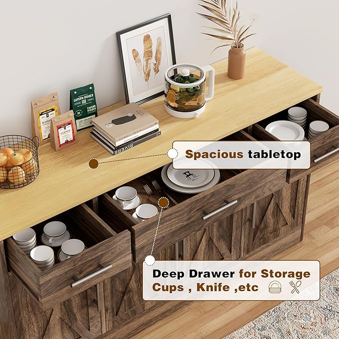 Vongrasig 53' Large Sideboard Cabinet with 4 Doors and 3 Drawers, Farmhouse Buffet Table Coffee Bar Kitchen Storage Cabinet, Wood Cabinet for Kitchen, Dining Room, Rustic Brown