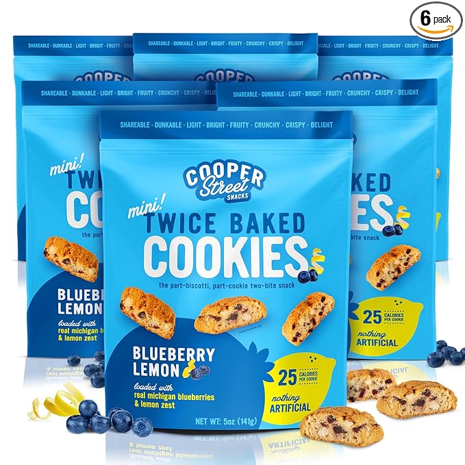 Cooper Street Twice Baked Lemon Blueberry Biscotti Cookies - Light, Crispy Mini Biscotti Cookies Ideal with Coffee - Traditional Low Calorie Italian Snacks - Kosher, Dairy, Peanut & Soy Free (6 Pack)