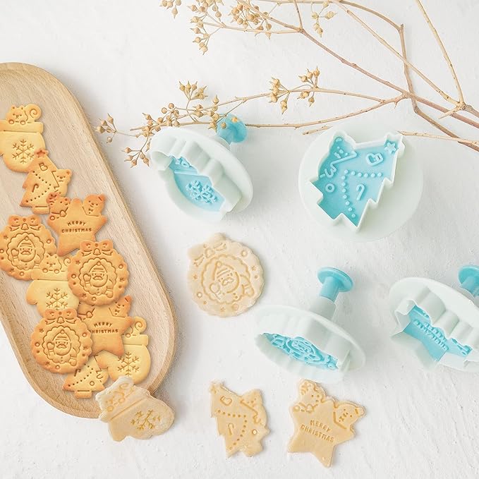 Cookie Stamps Set of 4, Cookie Press Mold, Decorating Supplies for DIY Baking, Cake, Pastry, Easy to Use- Christmas Series