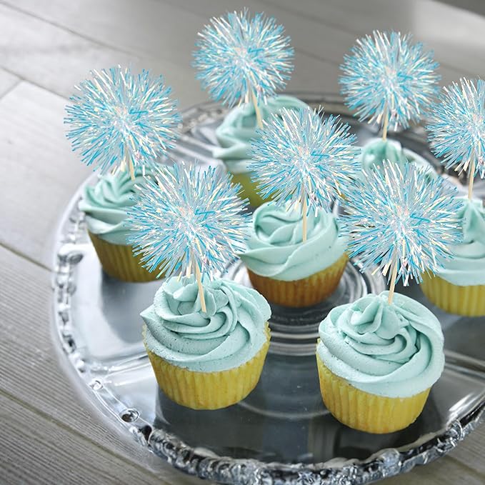 Ephlyn 30Pcs Foil Firework Cupcake Toppers Party Birthday Cake Toppers Supplies Sparkle Tinsel Cocktail Fruit Toothpick for Birthday Wedding Graduation Party Blue