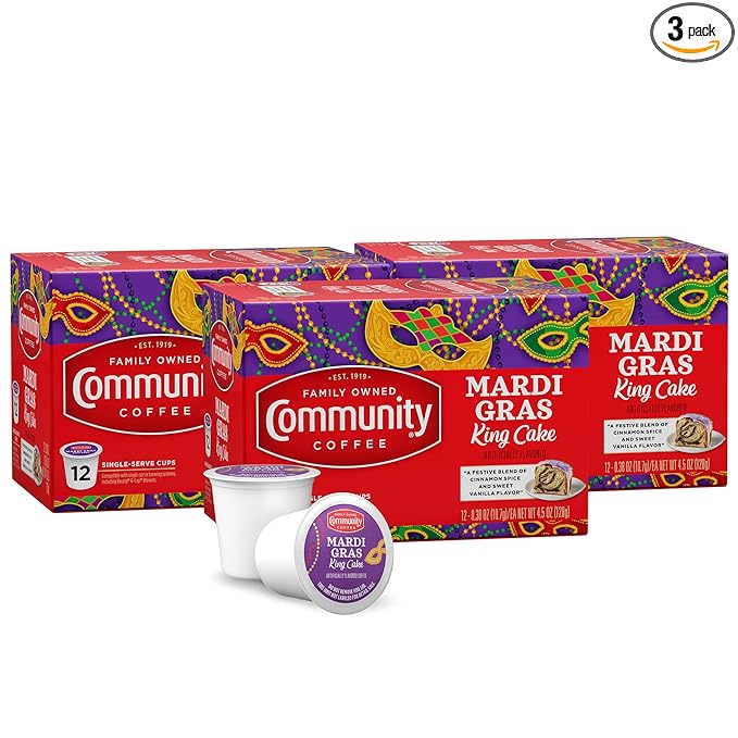 Community Coffee Mardi Gras King Cake Flavored 36 Count Coffee Pods, Medium Roast, Compatible with Keurig 2.0 K-cup Brewers, 12 Count (Pack of 3)