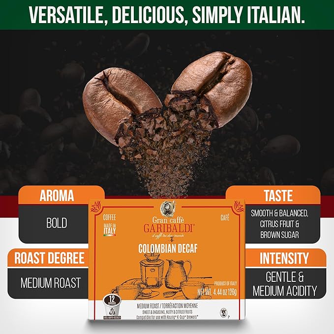 Caffè Garibaldi Colombian Decaf Coffee Pods, Single-Serve Capsules for Keurig K-Cup Brewers, Single Serve Cups with 100% Arabica Blend for Coffee Makers, 12 Count Recyclable Pods - Medium Roast