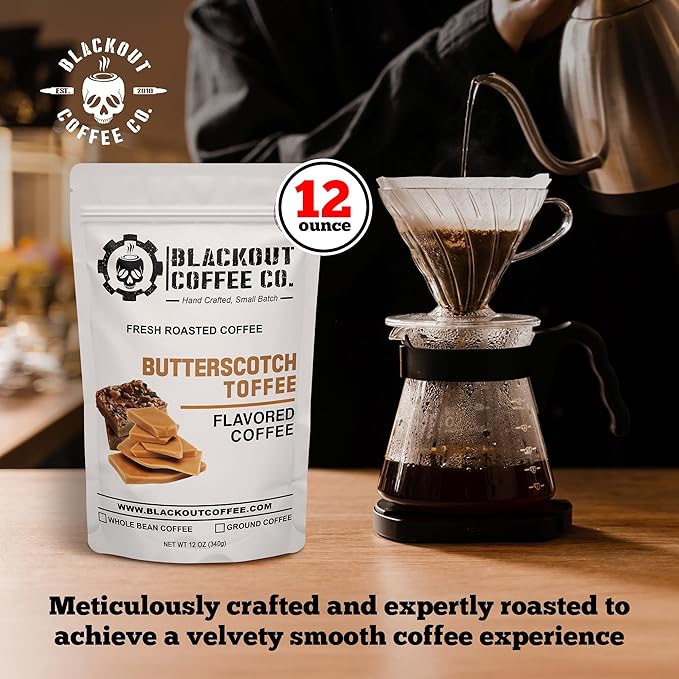 Blackout Coffee Butterscotch Toffee Flavored Medium Roast - Freshly Roasted in the USA - 12 oz Ground Coffee Pouch