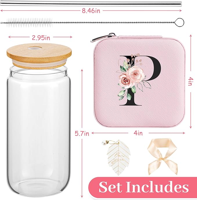 AYGXU Travel Jewelry Organizer, 16oz Glass Cups with Bamboo Lids, Aesthetic Coffee Cups, Graduation Travel Essentials Small Jewelry Box, Personalized Jewelry Boxes for Women, Initial P Pink