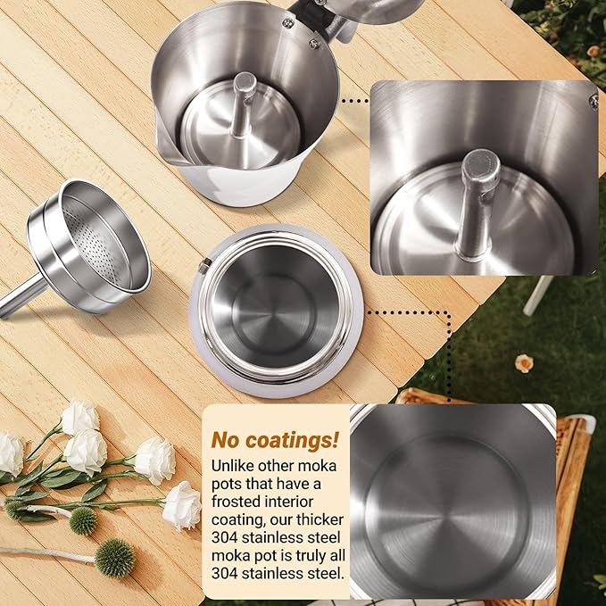 No Coating 6 Cup Thickened 304 Stainless Steel Moka Pot Stovetop Espresso Maker Italian Coffee Machine 300ml 10oz Suitable for Gas Induction Stovetop Greca Coffee Maker Percolator
