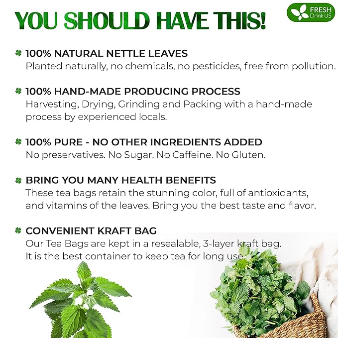 FreshDrinkUS, 30 Nettle Leaf Tea Bags, 100% Natural & Pure from Nettle Leaves. Loose Leaf Nettle Herbal Tea. Nettle Leaf Tea. No Sugar, No Caffeine, No Gluten, Vegan.