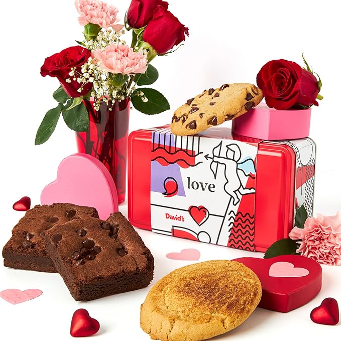 David’s Cookies Gluten-Free Cookies and Brownies in Love Sweet Sampler Tin - Chocolate Chip Cookies and Brownies in a Beautiful Love-Themed Tin – Gourmet Food Gift for Her, Him