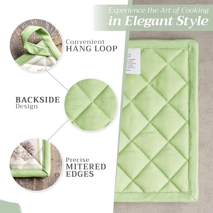 Maison d' Hermine 100% Cotton Oven Mitt & Pot Holder Set (7.5"x13" & 8"x8") Heat Resistant BBQ Cooking Gloves with Loop, Baking, Grilling, Kitchen, Handling Hot Pans (Christmas Dew)