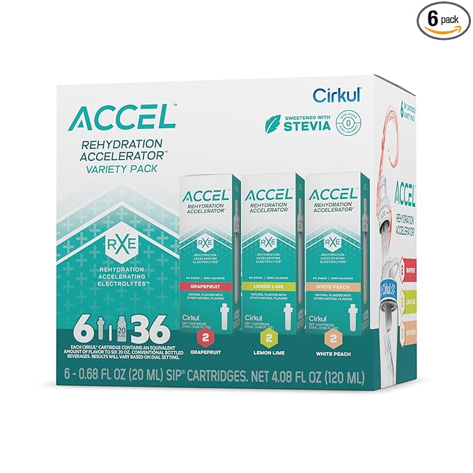 Cirkul Accel Flavor Cartridge Variety Pack with Electrolytes, 6-Pack (2 Grapefruit, 2 Lemon Lime, 2 White Peach), No Sugar, Zero Calorie Drink Mix