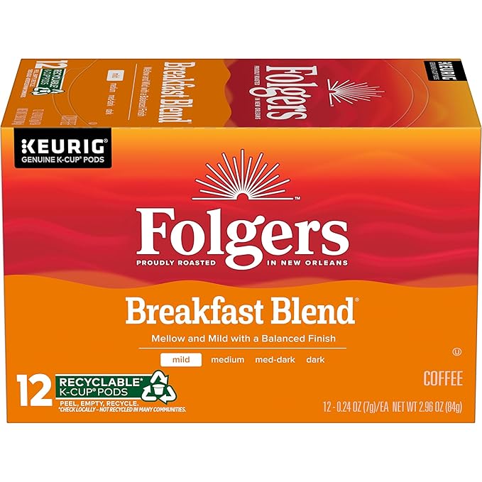 Folgers Breakfast Blend Mild Roast Coffee, 12 Keurig K-Cup Pods