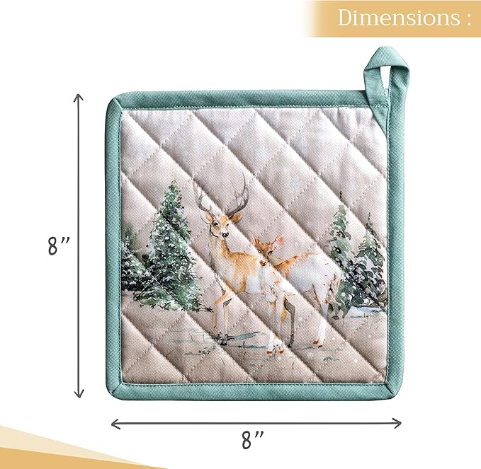 Maison d' Hermine Pot Holders Set 100% Cotton Heat Resistant Potholders 8" x 8" Hot Pads with Loop BBQ, Cooking, Baking, Grilling, Kitchen, Handling Hot Pans (Pack of 2, Deer in The Woods)