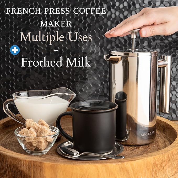 Mixpresso Stainless Steel French Press Coffee Maker 27 Oz 800 ml, Double Wall Insulated French Press Stainless Steel, Easy Clean Tea Brewer, Easy Press Durable Metal Coffee Press