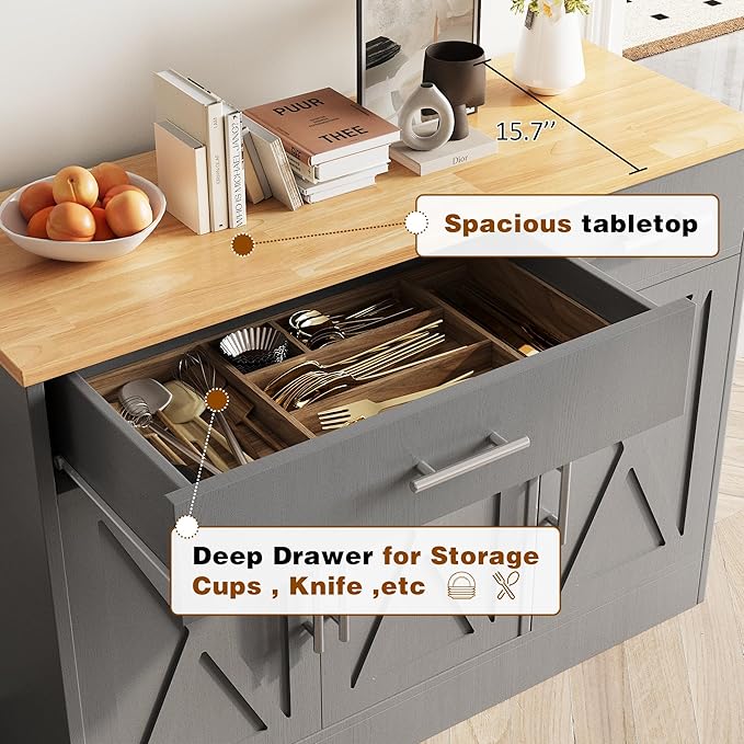 Vongrasig 43” Sideboard Buffet Cabinet with Storage, Farmhouse Coffee Bar with Drawers and Shelves, Wood Buffet Table for Kitchen Dining Room, Living Room, Grey