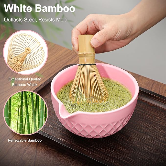 Matcha Whisk Set, 7 Pcs Matcha Kit, Ceramic Matcha Set Includes Matcha Bowl with Spout, Matcha Whisk and Holder, Bamboo Scoop, Scoop Rest, Sifter and Tea Towel (Cherry Blossom Pink)