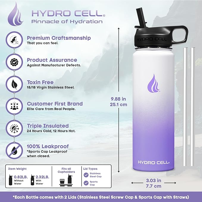 HYDRO CELL Stainless Steel Insulated Water Bottle with Straw - For Cold & Hot Drinks - Metal Vacuum Flask with Screw Cap and Modern Leakproof Sport Thermos for Adults (Lavender/White 24oz)
