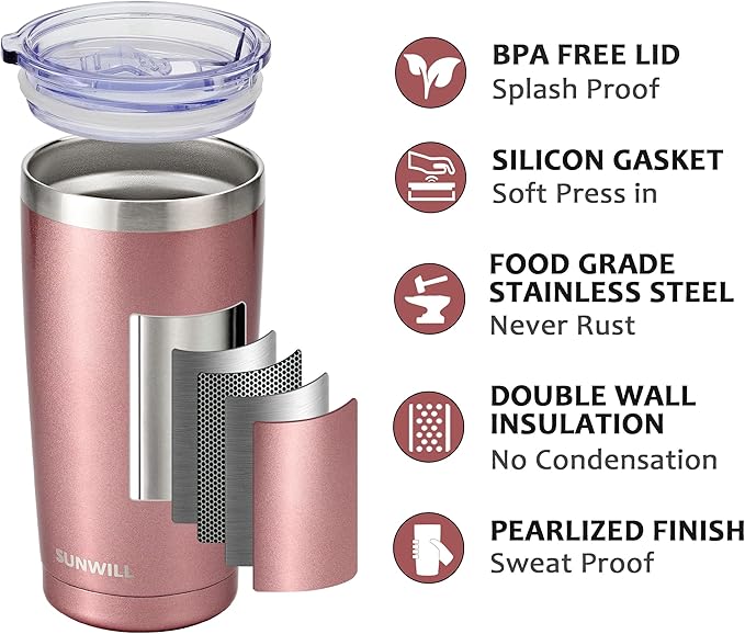 SUNWILL Travel Coffee Tumbler 20 oz, Insulated Mug with Lid, Stainless Steel Cup for Hot and Cold Drinks, Rose Gold