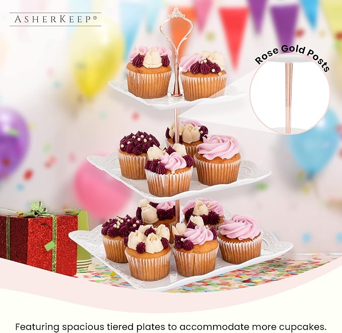 3 Tier Cupcake Stand - Dessert Table Display Set, Tiered Serving Cake Tray, White Embossed Dessert Stand, Parties Serving Plate, Decorative Centerpiece to Any Occasion - (Square)