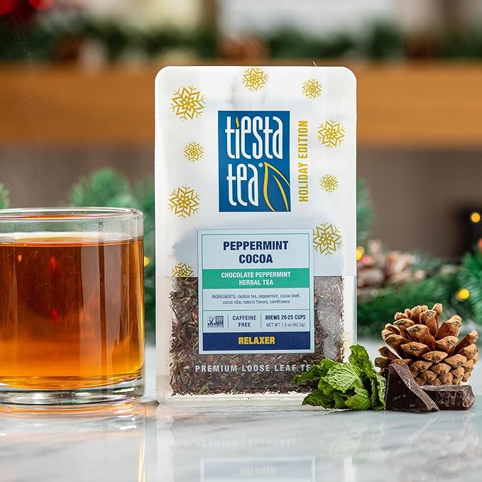 Tiesta Tea - Cozy Peppermint Cocoa, Loose Leaf, Chocolate Peppermint Herbal Tea, Premium Non-Caffeinated Holiday Blend, Make Hot or Iced & Up to 25 Cups, 1.5oz Resealable Pouch