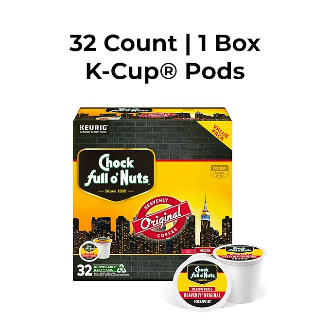 Chock full o’Nuts Heavenly Original Keurig K-Cup Pods for Keurig Brewers – Premium Arabica, Medium Roast – Single Serve – 1 Pack of 32 K-Cup Pods