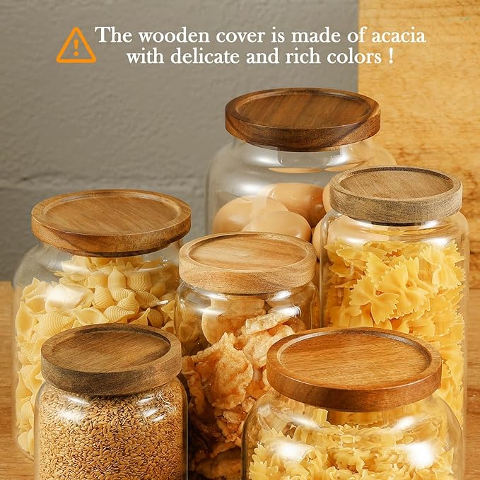 Labina Glass Storage Container Airtight Food Jars Kitchen Canister with Wood Lids, 40 Oz Wide Mouth Pantry Organization Glass Jar for Flour, Sugar, Cookie, Spagetti, Nuts and Candy (2 Pack)