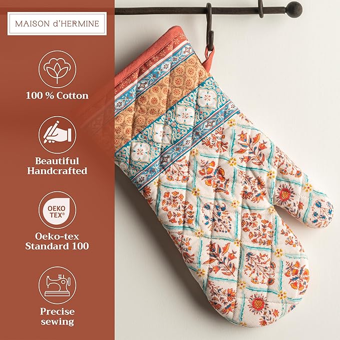 Maison d' Hermine Oven Gloves 100% Cotton Oven Mitt 7" x 13" with Loop Heat Resistant, BBQ, Cooking Gloves, Baking, Grilling, Kitchen, Handling Hot Pans (Pack of 1, Romane)