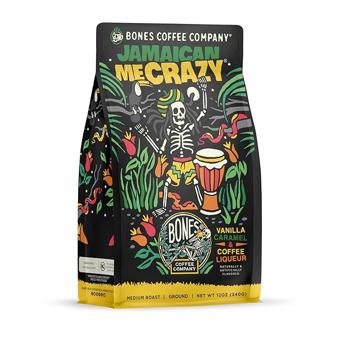 Bones Coffee Company Jamaican Me Crazy, Vanilla Caramel Flavored Coffee, Medium Roast Low Acid Arabica Beans Compatible with Auto drip and French Press Coffee Maker, 12 Oz Ground