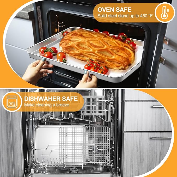 E-far Baking Sheet with Wire Rack Set, 17.6” x 13” Stainless Steel Cookie Sheet Baking Pan for Oven, Rimmed Large Metal Tray with Cooling Rack for Cooking Roasting, Non-Toxic & Dishwasher Safe