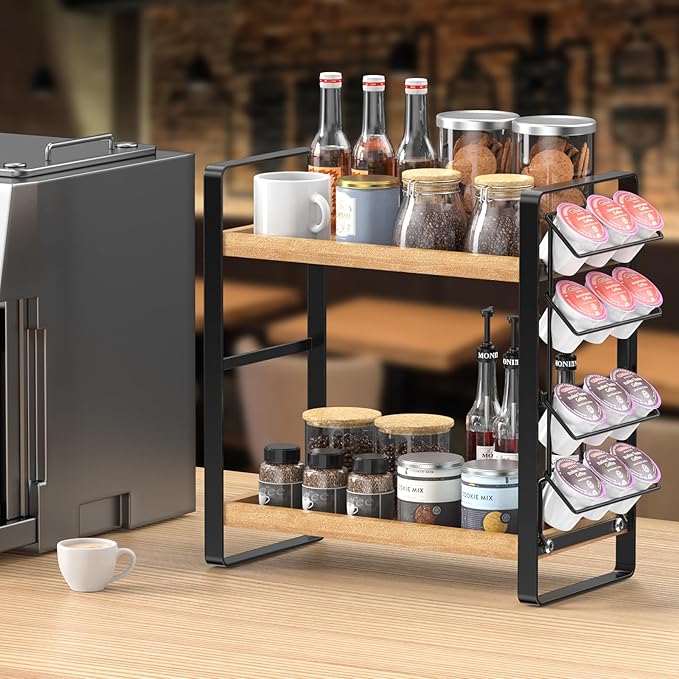 LEMIKKLE Coffee Station Organizer for Counter,Condiment Storage Caddy for Kitchen,2 Tier Wooden Shelf for Coffee Bar Accessories,Coffee Bar Organizer for Kitchen, Home, Office-Brown