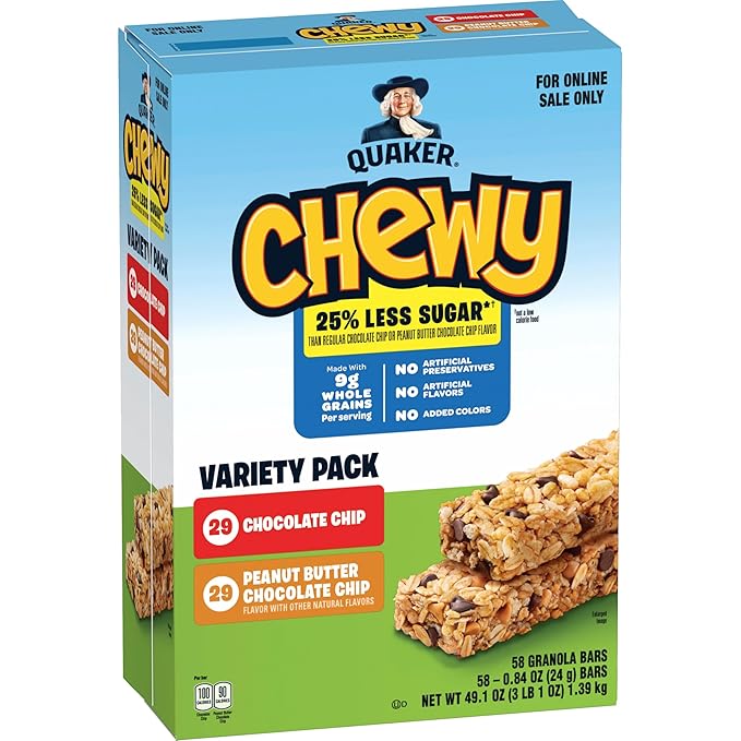Quaker Chewy Granola Bars, 25% Less Sugar, 2 Flavor Variety Pack, (58 Pack)