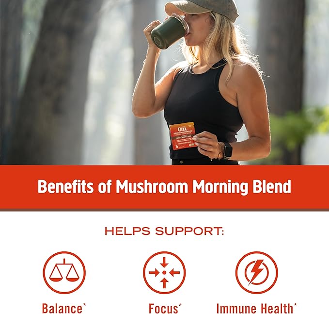 OM MUSHROOM SUPERFOOD Morning Energy Blend Mushroom Powder Drink, 8.47 Ounce Canister, Coffee Free Energy Drink with Cordyceps, Vitamin D2, Agaricus Bisporus, Lion's Mane, Rhodiola, and Turkey Tail