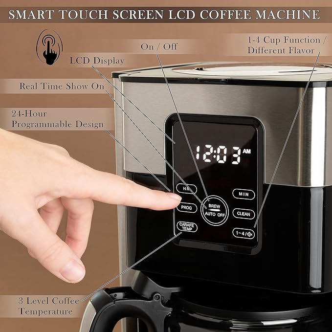 Mixpresso 12-Cup Drip Coffee Maker With Lcd Touch Display, Programmable Coffee Pot Machine, Borosilicate Glass Carafe, Anti-Drip System, Stainless Steel & Black Electric Coffee Maker