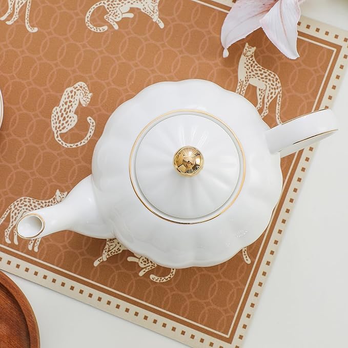36oz White Porcelain Teapot with Gold Trim, Large Ceramic Teapot for Loose Leaf Tea & Tea Bags, Elegant Tea Party, Gift for Tea Lovers, Classic Design