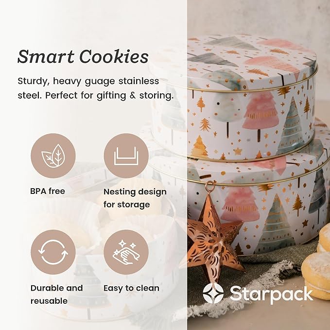 Starpack 'Smart Cookies' Holiday Cookie Tins with lids set of 3, metal cookie gift tins for Christmas and year round