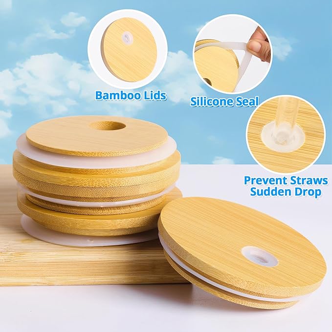 Glass Cups with Lids and Straws - 16 oz Iced Coffee Cups, Vintage Ribbed Drinking Glasses with Bamboo Lids, Tumbler for Juice, Beer, Coffee, Milk, Cocktail, Water (4 Pack)