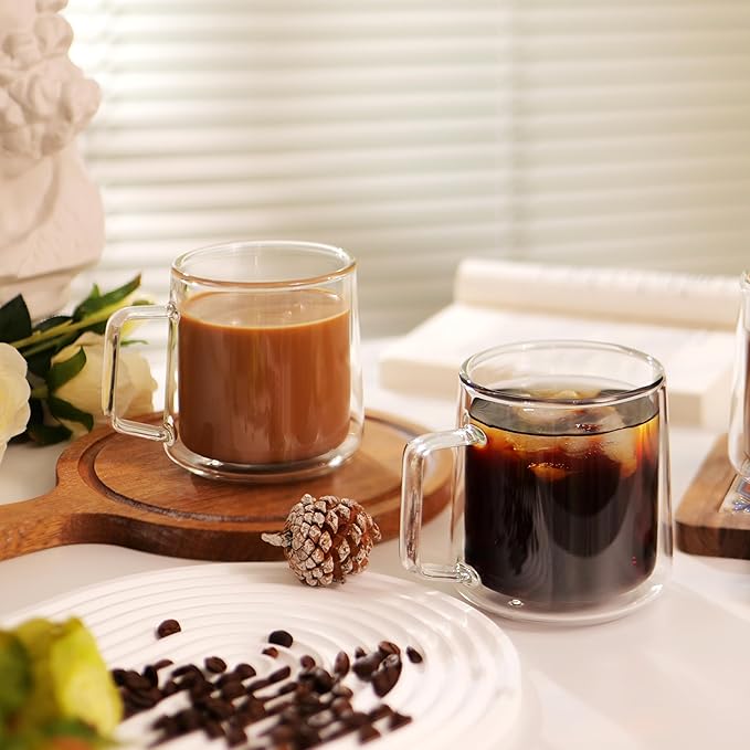 CNGLASS 15oz Double Walled Glass Coffee Mugs,Large Insulated Glass Mugs with Handle,Clear Coffee Cups for Espresso,Latte,Cappuccino,Tea,Set of 2