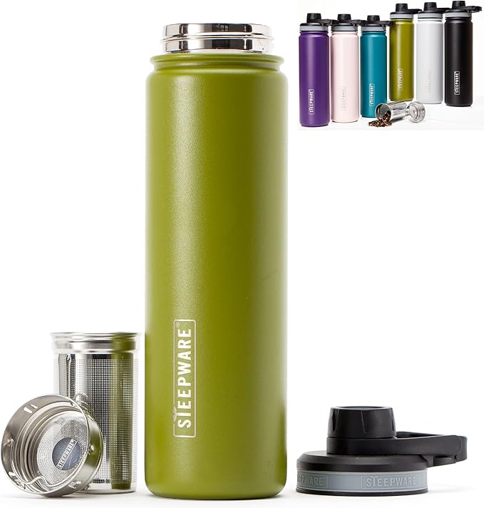 The Tea Spot Steepware Tea Tumbler and Thermos, 22oz, Tea Bottle with tea infuser for loose leaf tea or iced coffee, Sleek Double Wall Tumbler & Insulated Travel Bottle - Olive