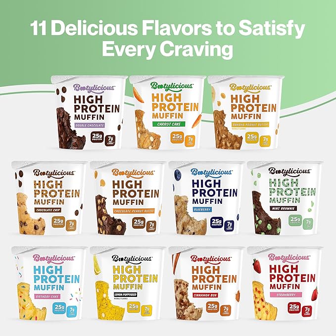 Bootylicious | High-Protein Muffin | 25g Protein, 7g Net Carbs, 2.32-2.75oz Cup, 12-Pack (Variety Pack)