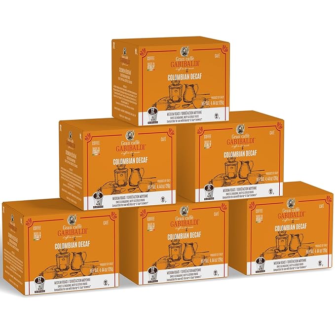 Caffè Garibaldi Colombian Decaf Coffee Pods, Single-Serve Capsules for Keurig K-Cup Brewers, Single Serve Cups with 100% Arabica Blend for Coffee Makers, 72 Count Recyclable Pods - Medium Roast
