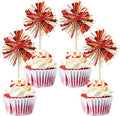 Gyufise 20Pcs Foil Firework Cupcake Toppers Sparkle Tinsel Cake Toppers Tinsel Drink Cake Decoration Cocktail Picks for Birthday Wedding Graduation Party Supplies Gold Red