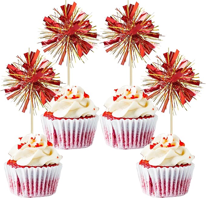 Gyufise 20Pcs Foil Firework Cupcake Toppers Sparkle Tinsel Cake Toppers Tinsel Drink Cake Decoration Cocktail Picks for Birthday Wedding Graduation Party Supplies Gold Red