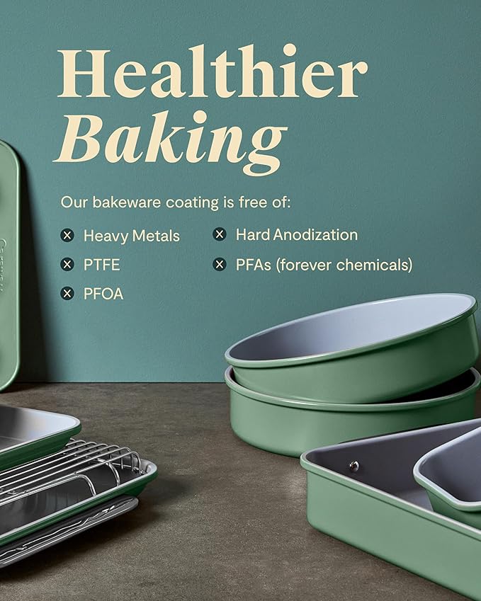 Caraway Nonstick Ceramic Bakeware Set (11 Pieces) - Baking Sheets, Assorted Baking Pans, Cooling Rack, & Storage - Aluminized Steel Body - Non Toxic, PTFE & PFOA Free - White
