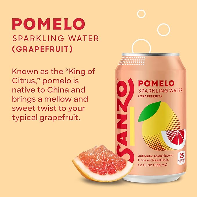 Sanzo Flavored Sparkling Water - Pomelo Grapefruit Soda - Low Calorie Low Sugar Soda - Craft Asian Drinks - Vegan Gluten Free Carbonated Flavored Water - Fizzy Bubbly Healthy Drinks - 12oz, 12 Pack