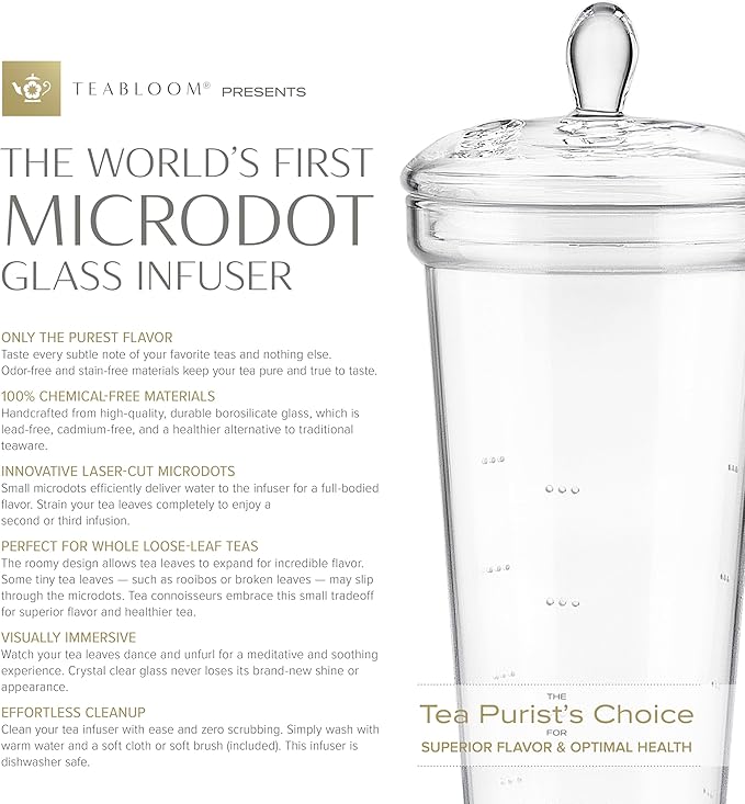 Teabloom Grand Bouquet Borosilicate Glass Tea Set for Six – Elegant 50oz Teapot with Microdot Infuser & Six 8oz Teacups – A Pure & Immersive Tea Experience – Tea Purist's Choice