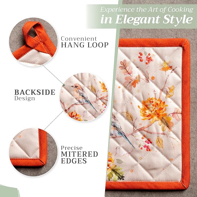 Maison d' Hermine 100% Cotton Oven Mitt & Pot Holder Set (7.5"x13" & 8"x8") Heat Resistant BBQ Cooking Gloves with Loop, Baking, Grilling, Kitchen, Handling Hot Pans (Kelim - Prairie)